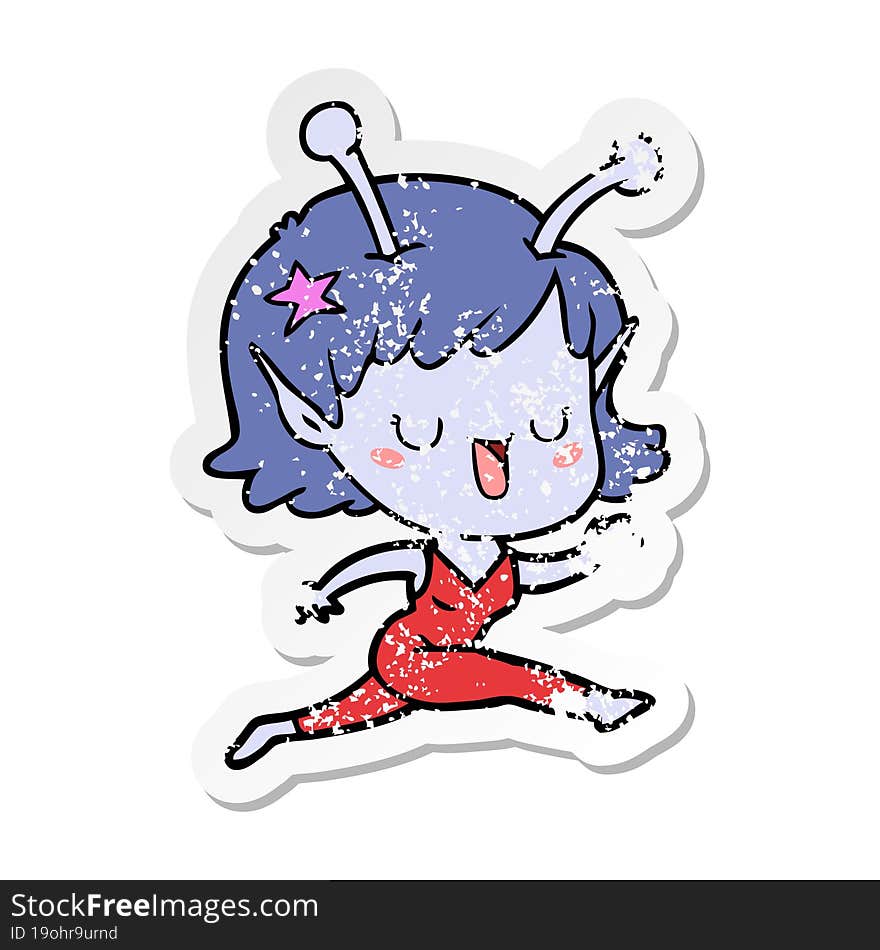 distressed sticker of a happy alien girl cartoon laughing