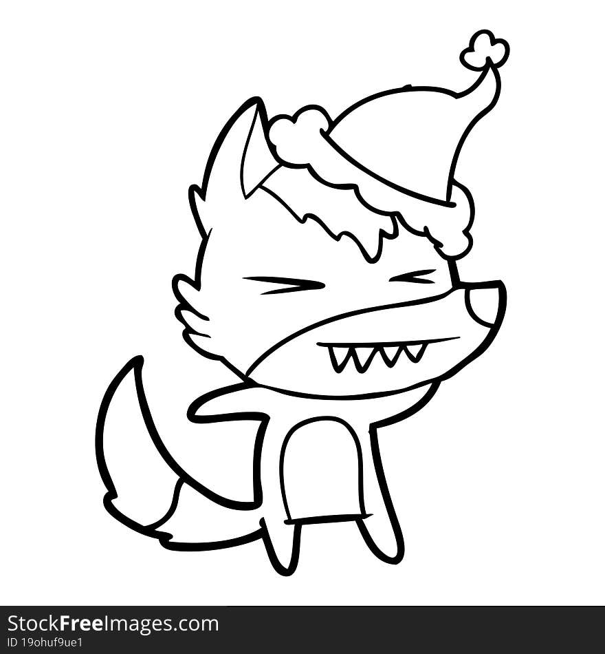 angry wolf line drawing of a wearing santa hat