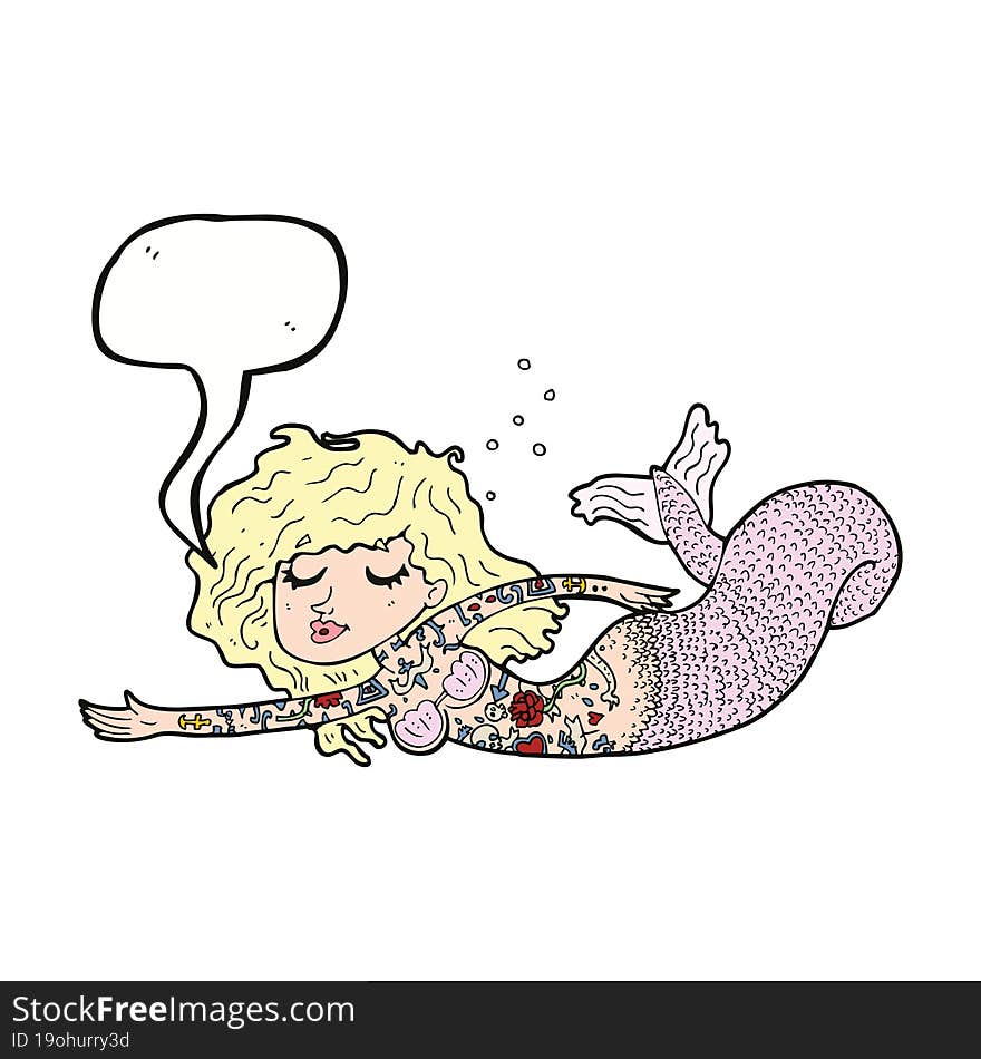 cartoon mermaid covered in tattoos with speech bubble