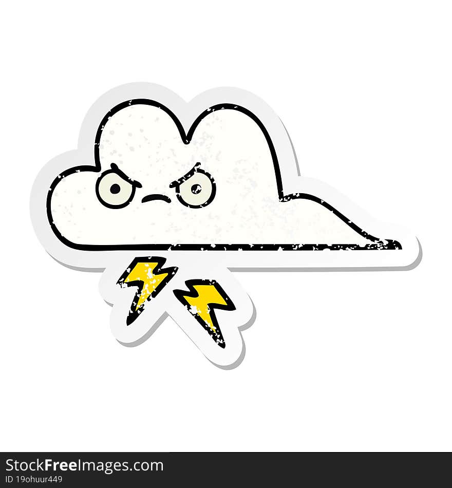 distressed sticker of a cute cartoon thunder cloud