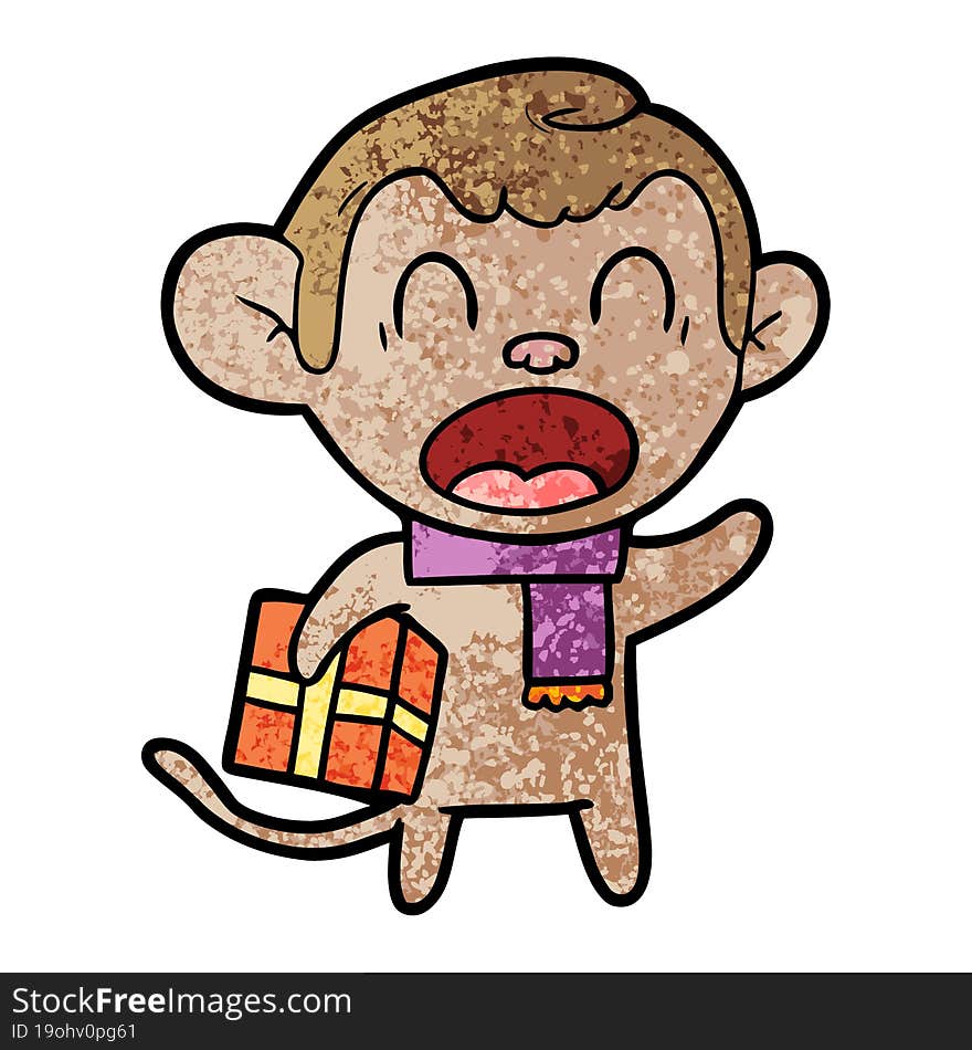 shouting cartoon monkey carrying christmas gift. shouting cartoon monkey carrying christmas gift