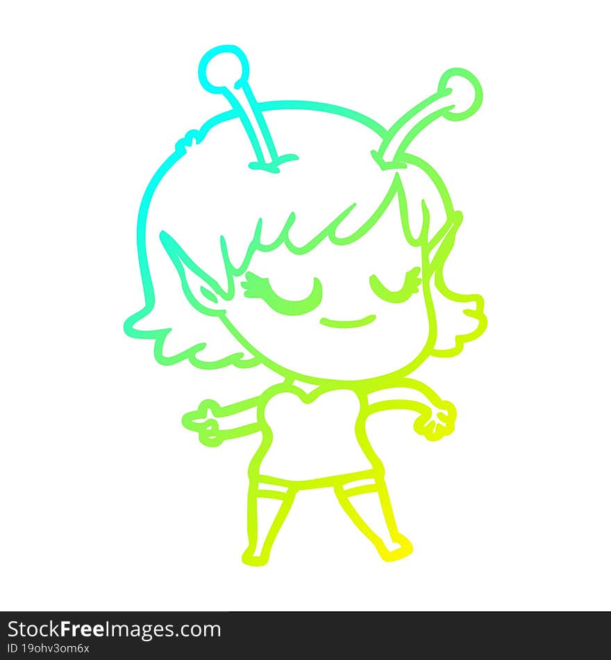 cold gradient line drawing smiling alien girl cartoon