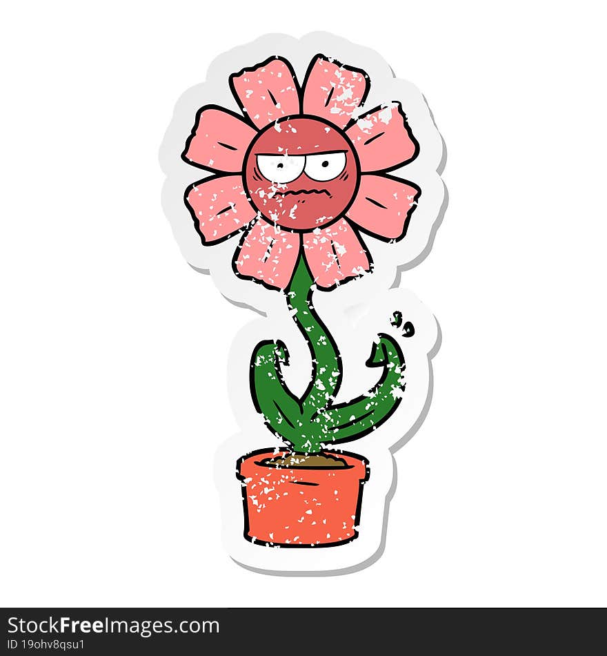 Distressed Sticker Of A Angry Cartoon Flower