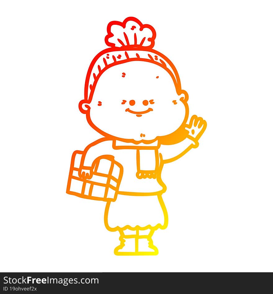 warm gradient line drawing of a cartoon happy old woman