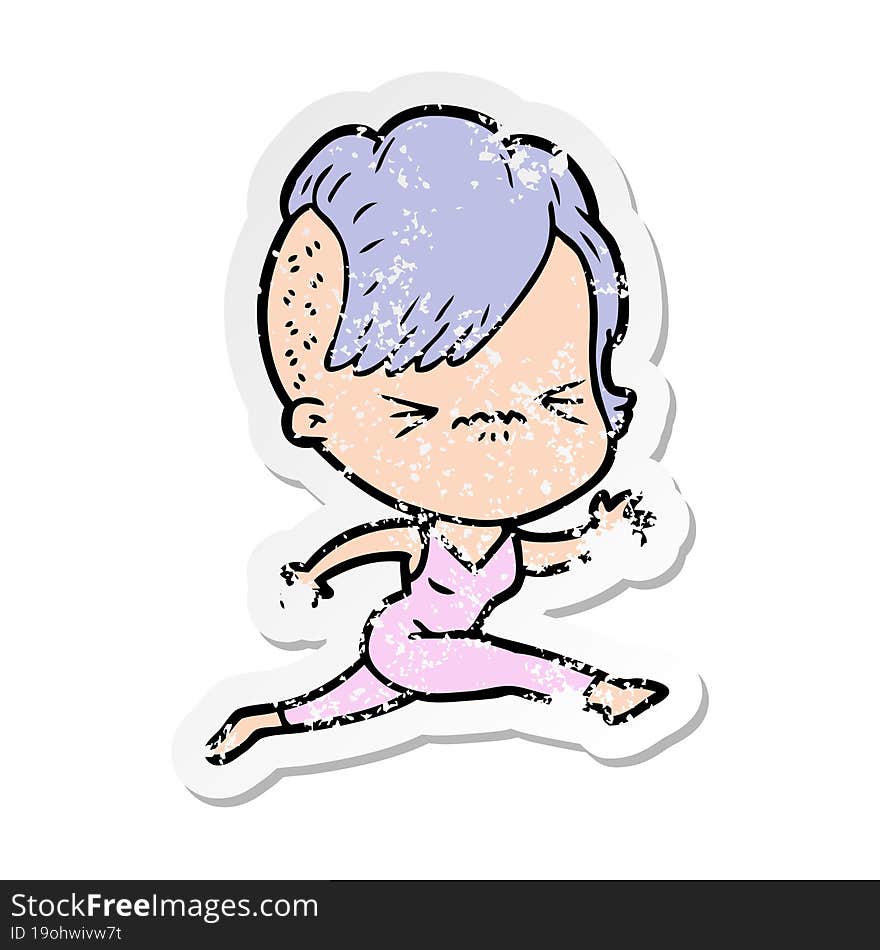 distressed sticker of a cartoon annoyed hipster girl