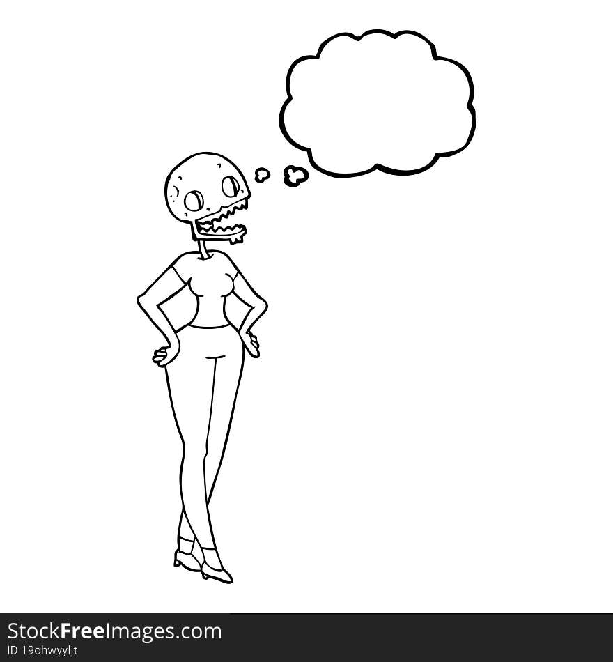 freehand drawn thought bubble cartoon zombie woman