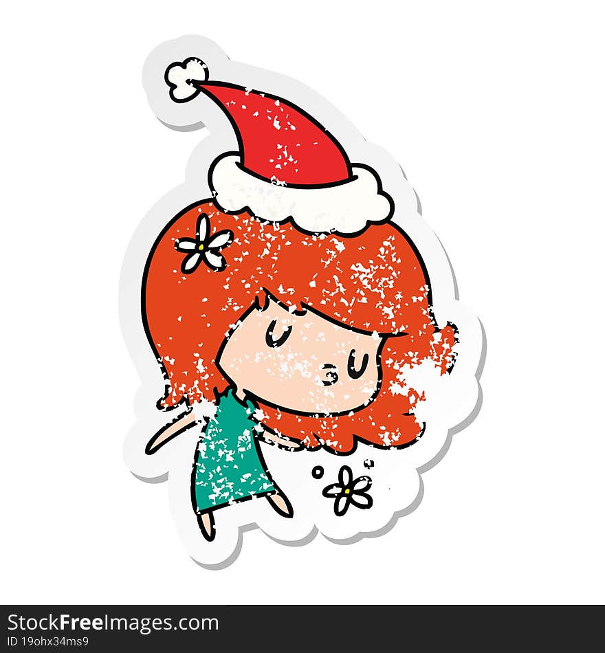 hand drawn christmas distressed sticker cartoon of kawaii girl