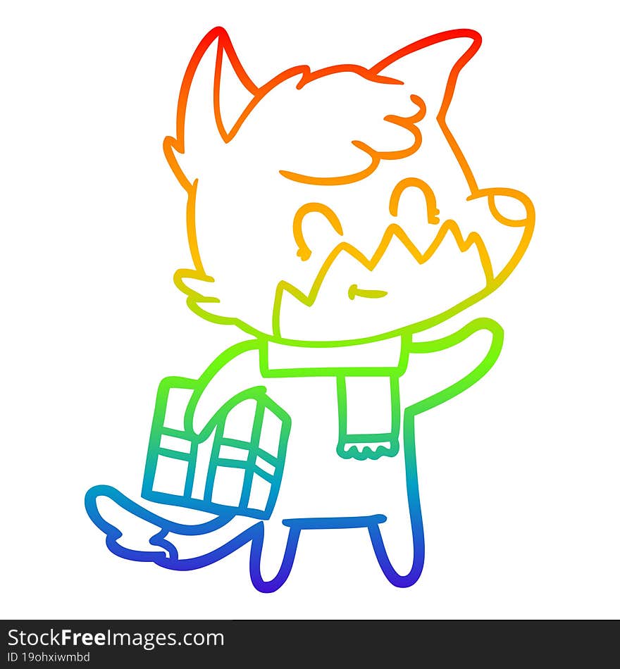 rainbow gradient line drawing cartoon happy fox with gift