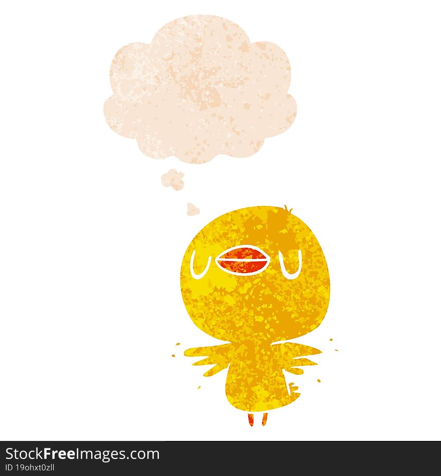 cartoon chick flapping wings and thought bubble in retro textured style