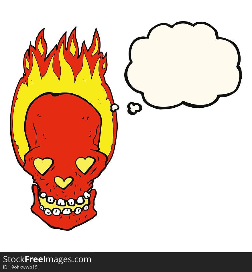 Cartoon Flaming Skull With Love Heart Eyes With Thought Bubble