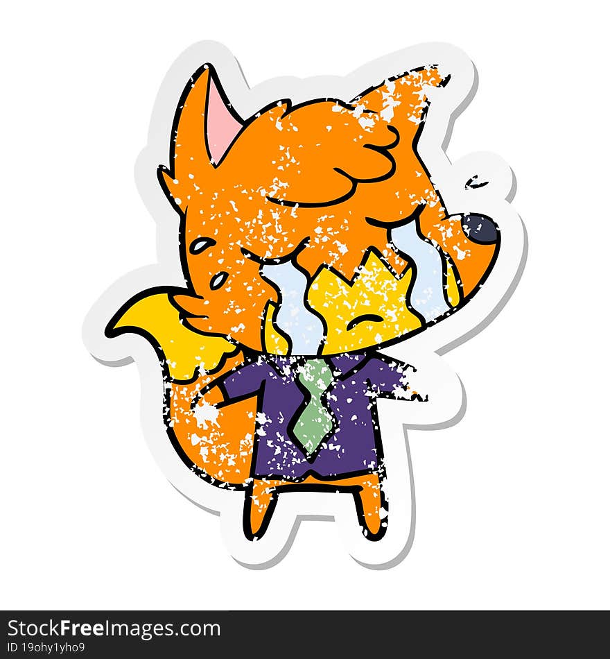 Distressed Sticker Of A Crying Business Fox Cartoon