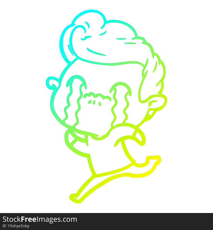 cold gradient line drawing of a cartoon man crying