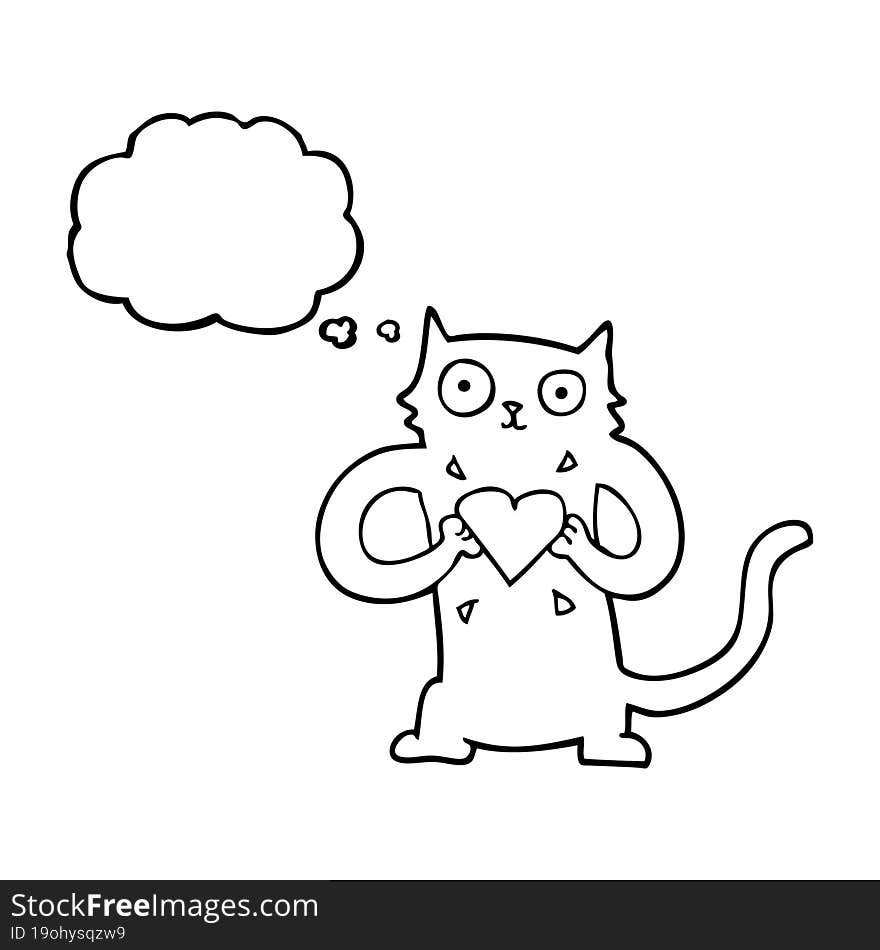 freehand drawn thought bubble cartoon cat with love heart