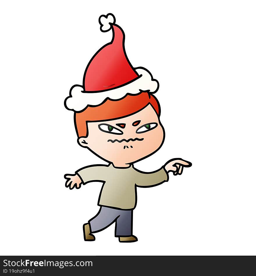 hand drawn gradient cartoon of a angry man pointing wearing santa hat