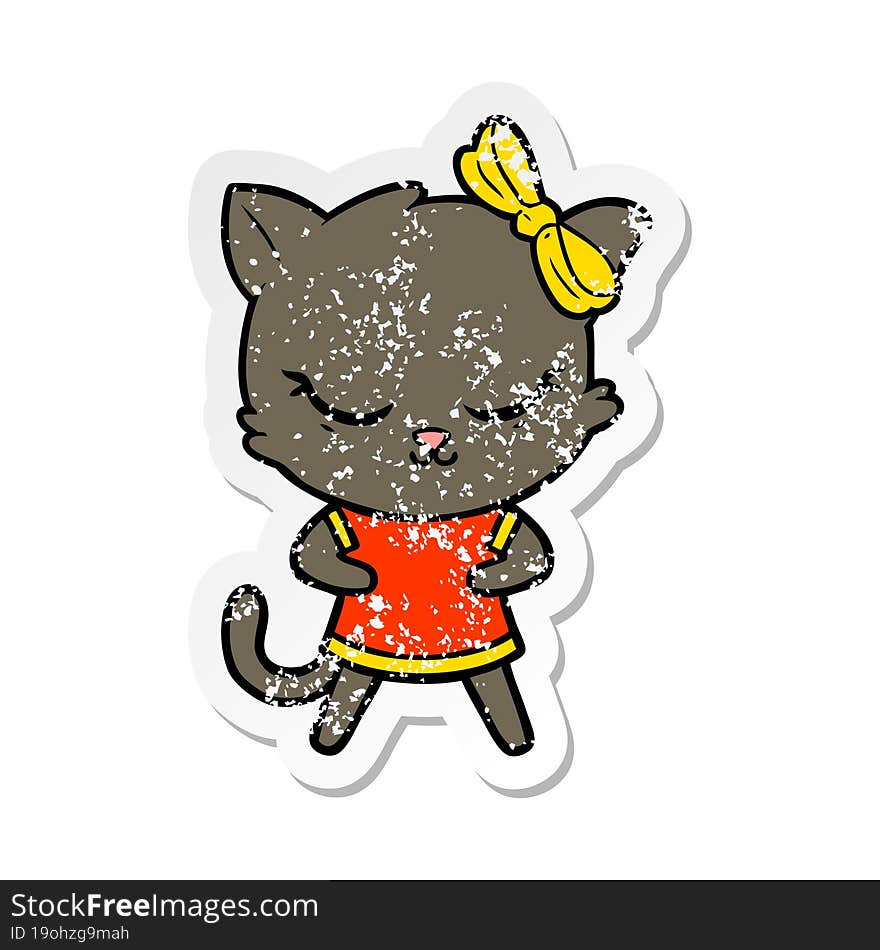 distressed sticker of a cute cartoon cat with bow