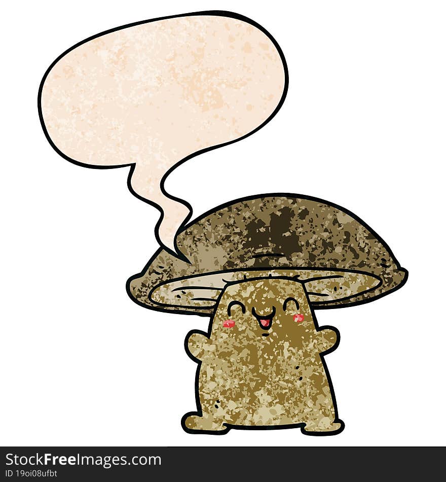 Cartoon Mushroom Character And Speech Bubble In Retro Texture Style