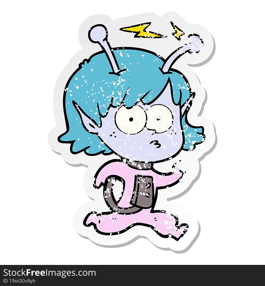 distressed sticker of a cartoon alien girl