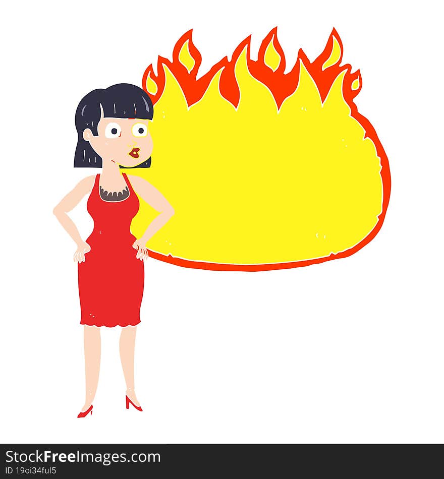 flat color illustration of a cartoon woman in dress with hands on hips and flame banner