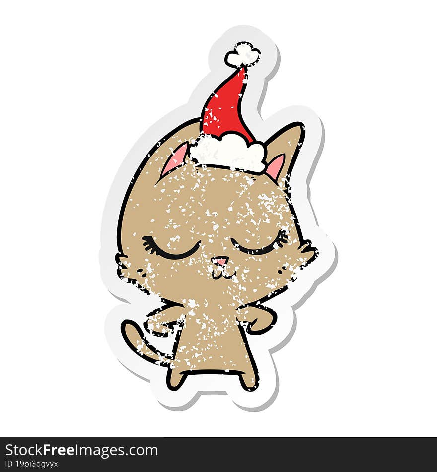 calm distressed sticker cartoon of a cat wearing santa hat