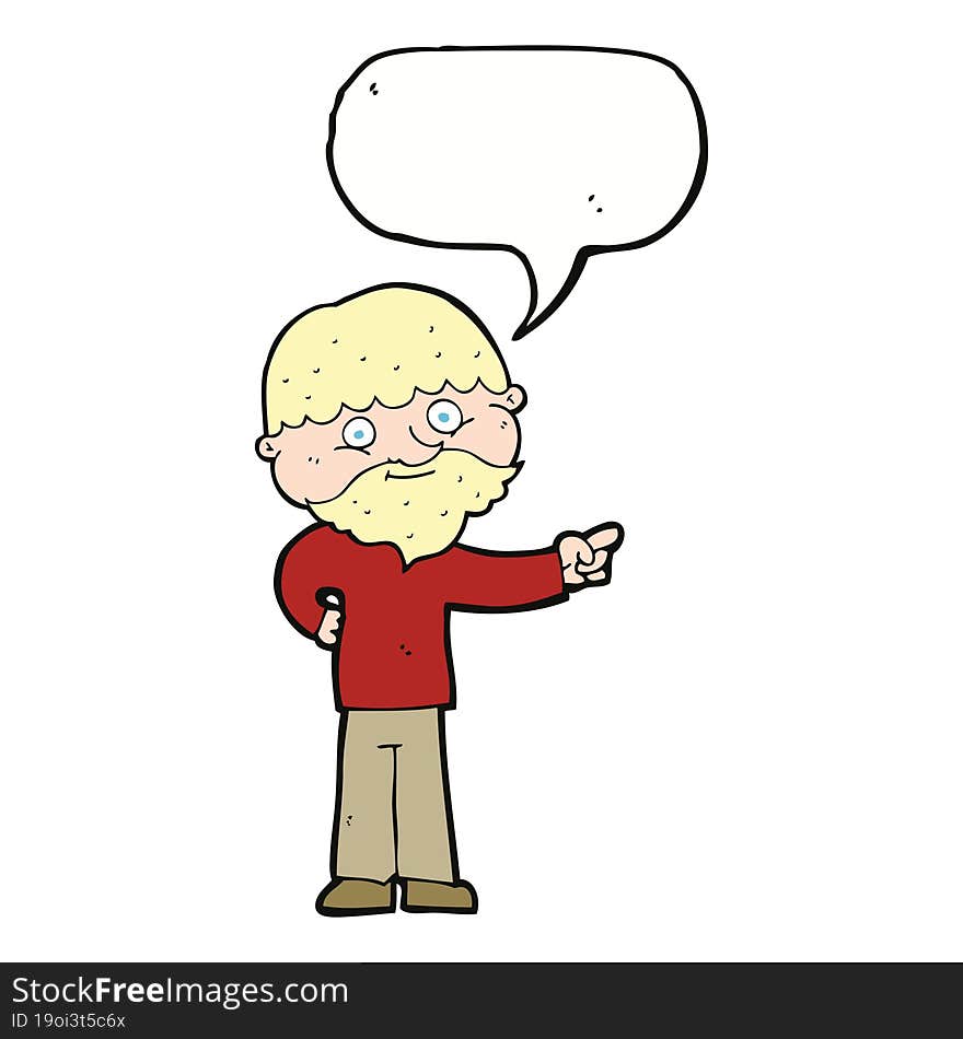 cartoon bearded man pointing with speech bubble