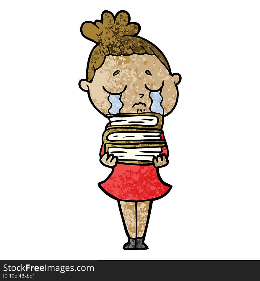 cartoon crying woman with stack of books. cartoon crying woman with stack of books