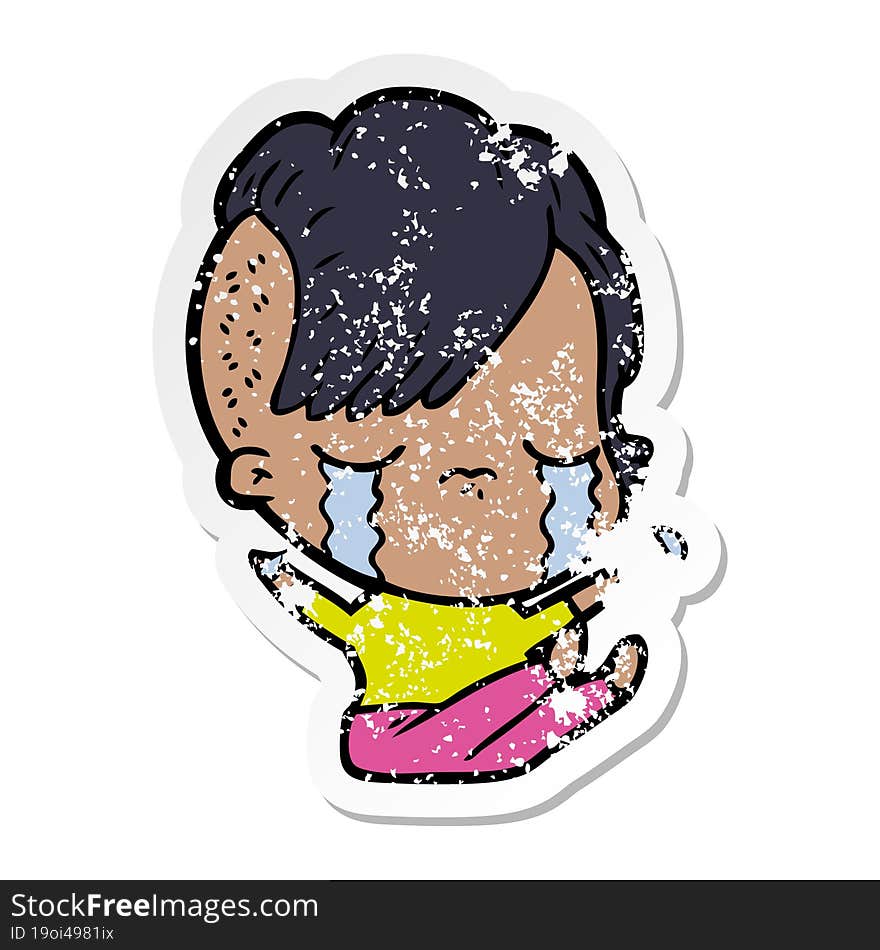 distressed sticker of a cartoon crying girl