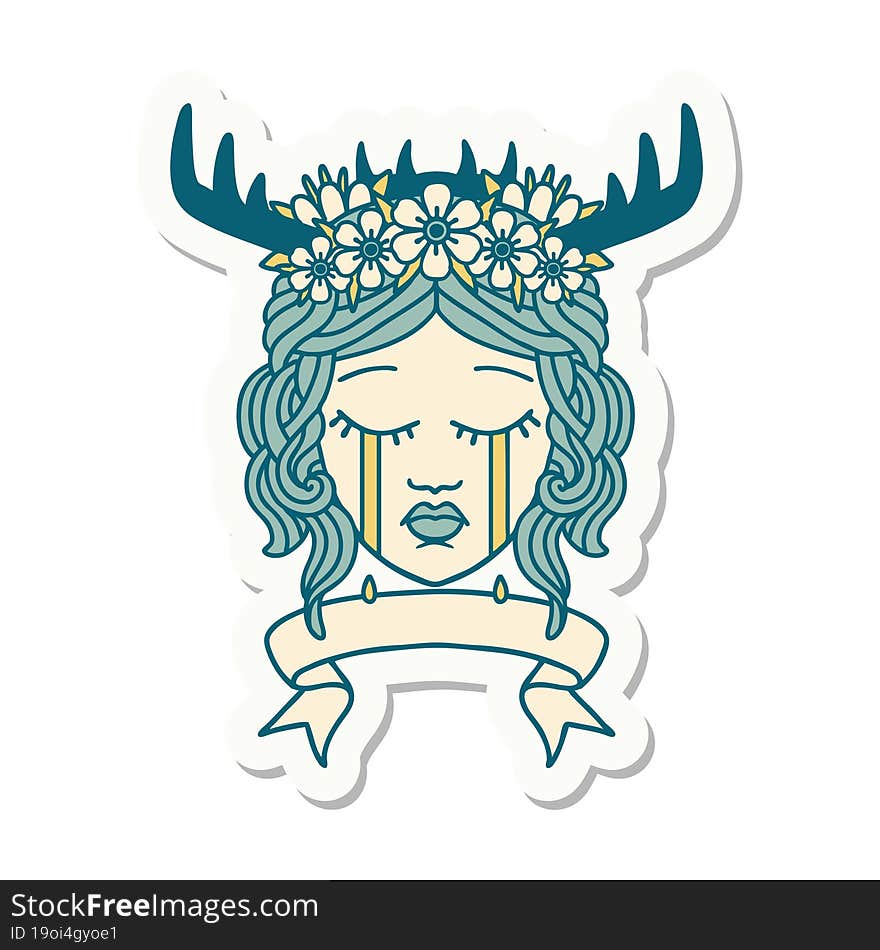 sticker of a crying human druid with banner. sticker of a crying human druid with banner