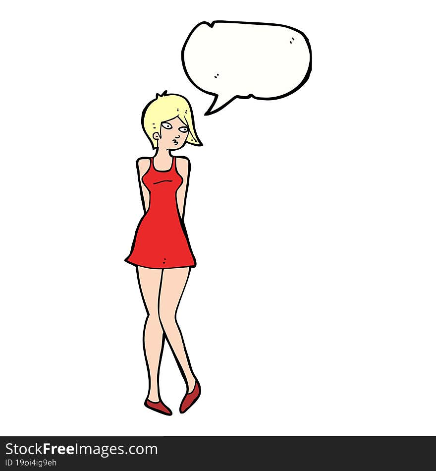 cartoon pretty woman in dress with speech bubble