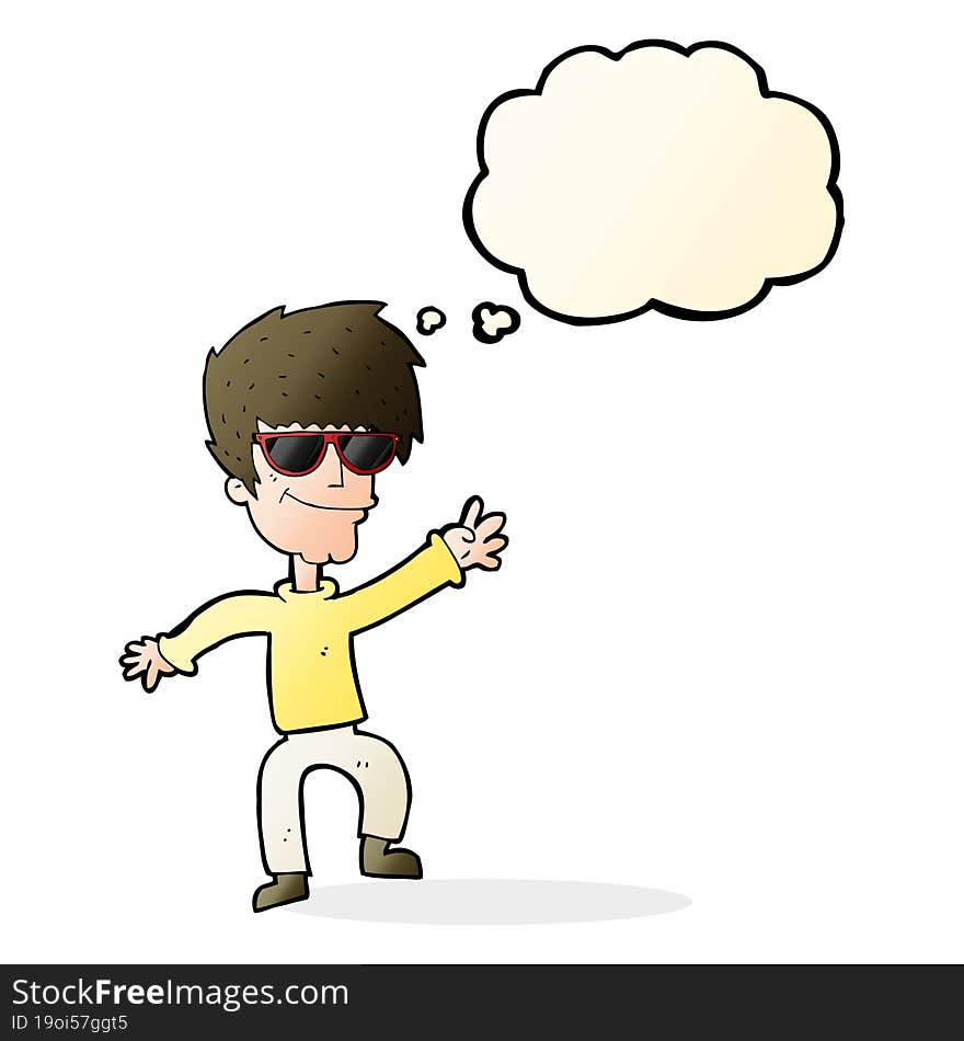 cartoon waving cool guy with thought bubble