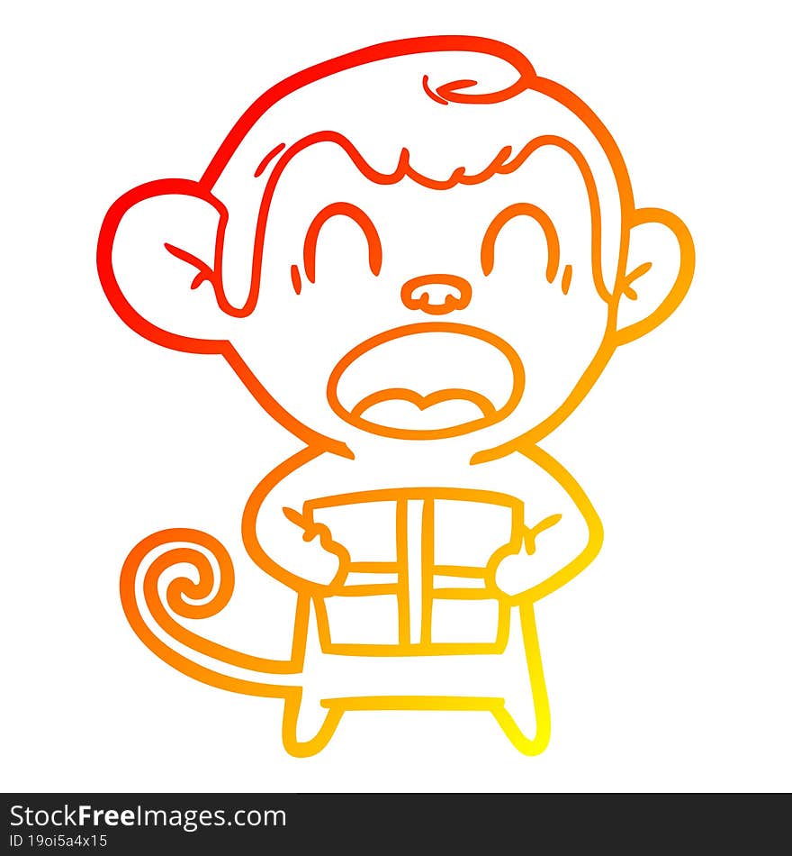 warm gradient line drawing shouting cartoon monkey carrying christmas gift