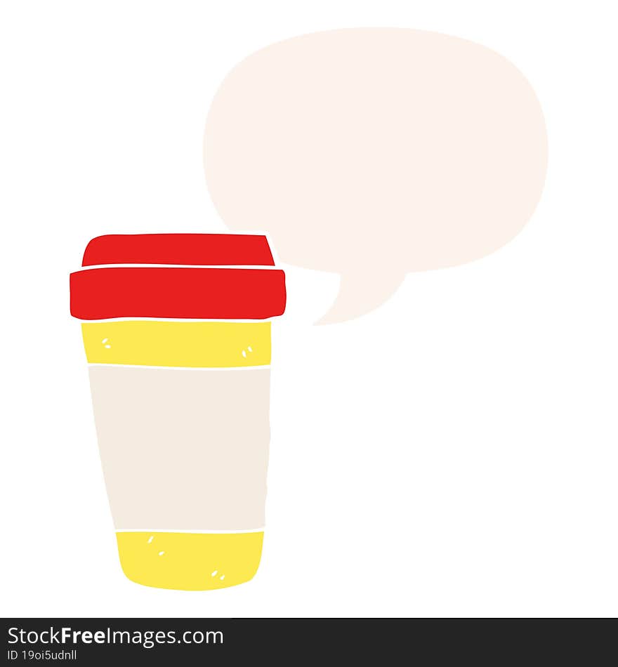 cartoon coffee cup with speech bubble in retro style