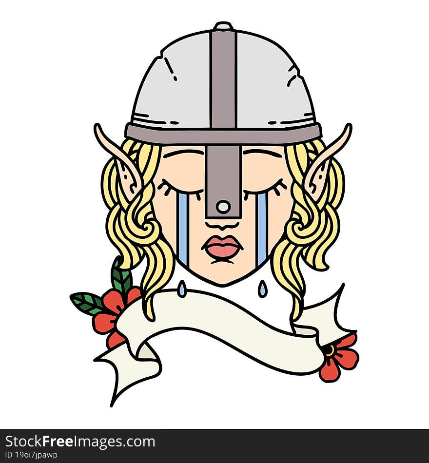 Retro Tattoo Style crying elf fighter character face. Retro Tattoo Style crying elf fighter character face