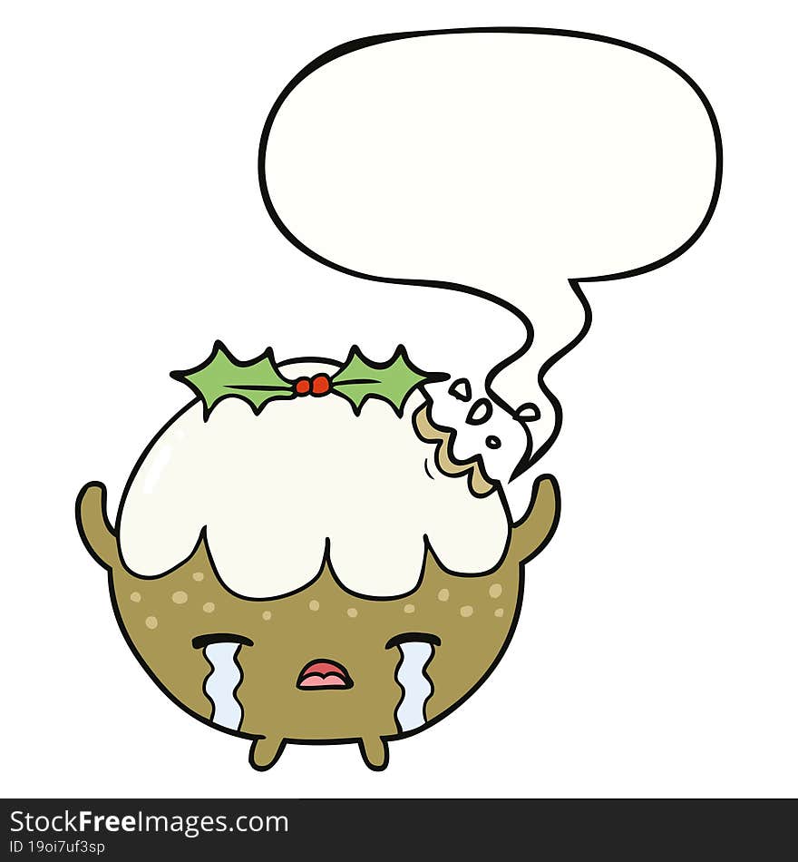 cartoon christmas pudding crying and speech bubble