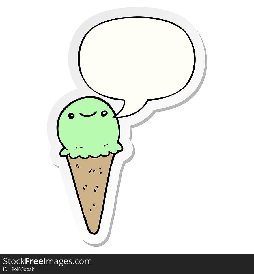 cartoon ice cream with speech bubble sticker. cartoon ice cream with speech bubble sticker