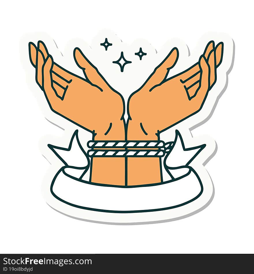 tattoo style sticker with banner of a pair of tied hands