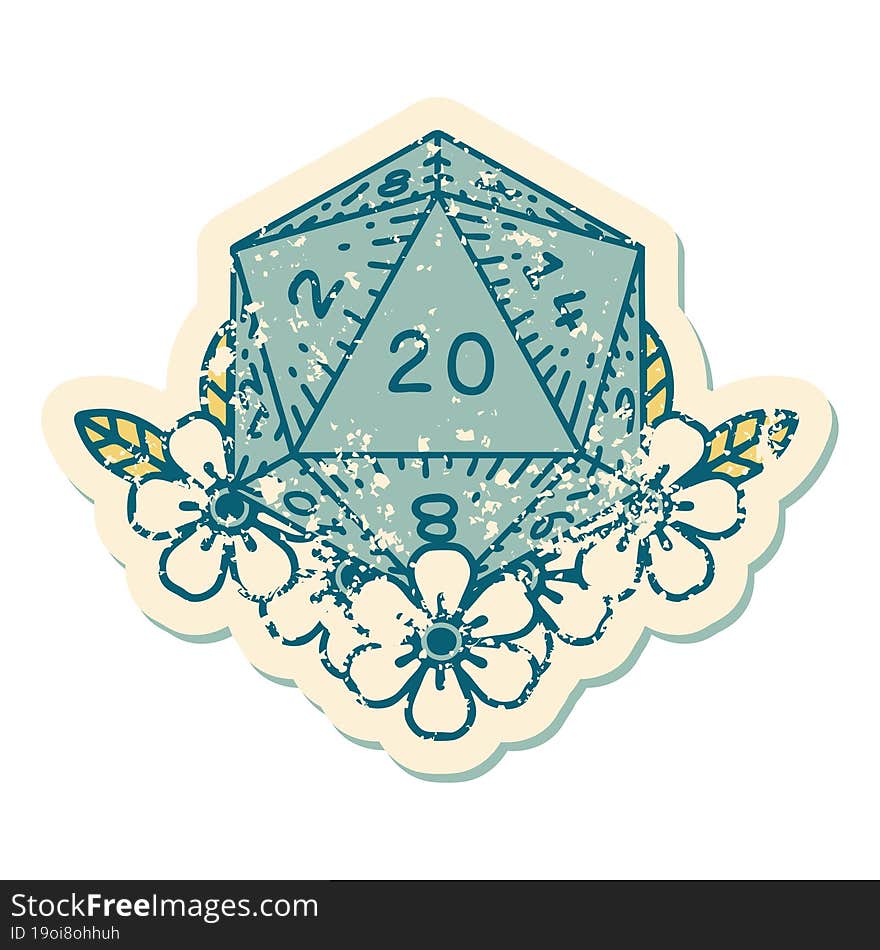 iconic distressed sticker tattoo style image of a d20. iconic distressed sticker tattoo style image of a d20