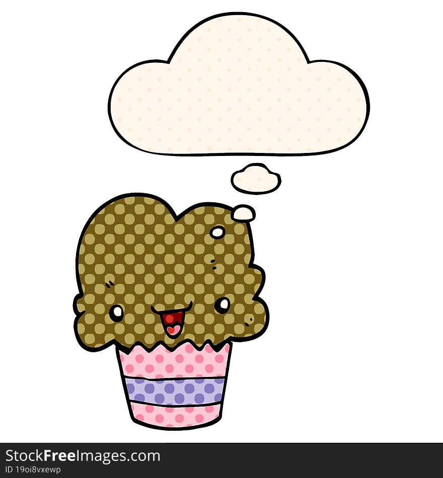 Cartoon Cupcake With Face And Thought Bubble In Comic Book Style