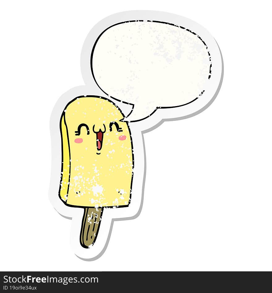 cartoon frozen ice lolly with speech bubble distressed distressed old sticker. cartoon frozen ice lolly with speech bubble distressed distressed old sticker