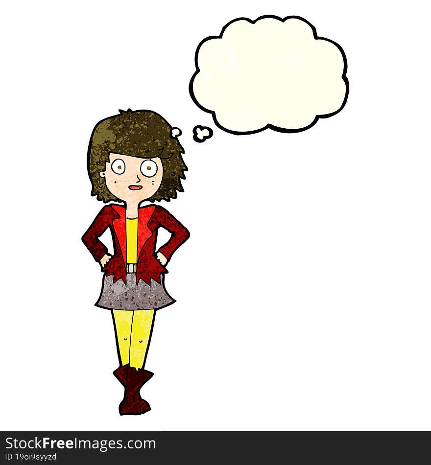 cartoon girl in jacket with thought bubble