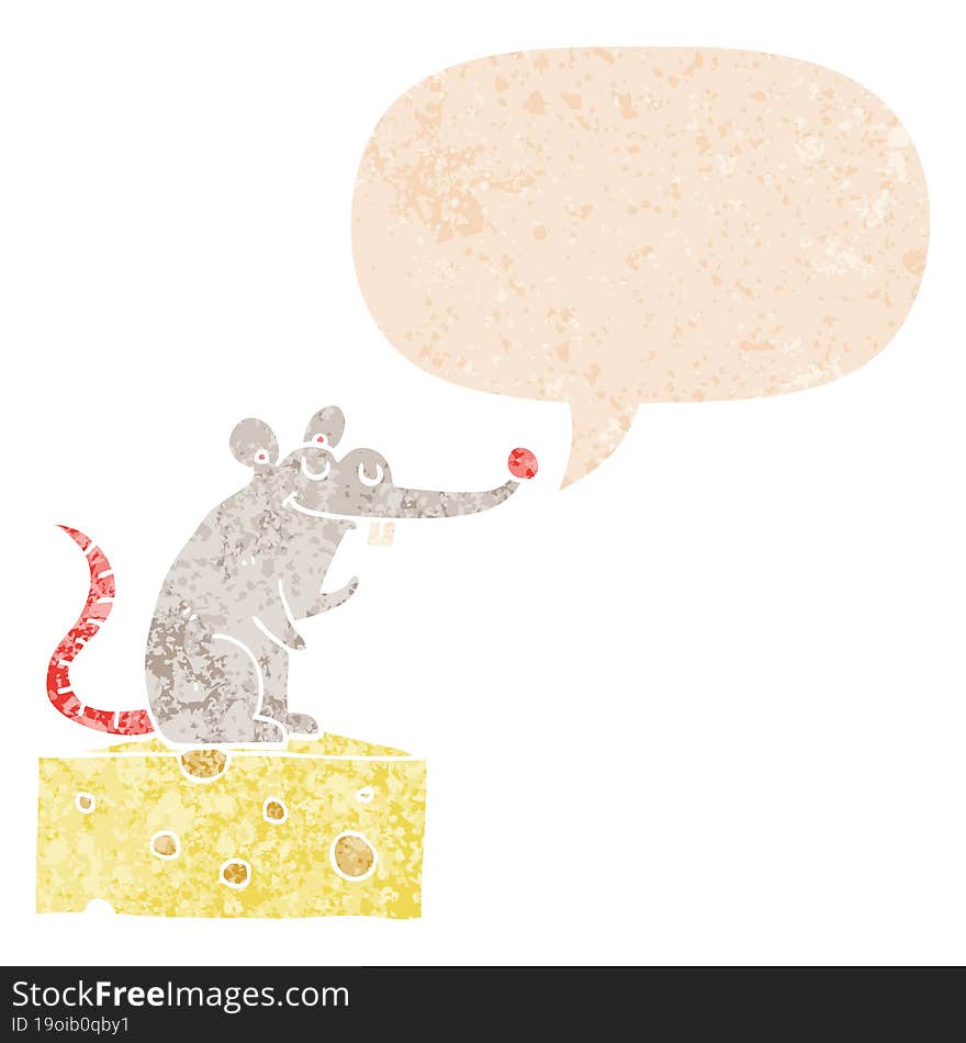 cartoon mouse sitting on cheese and speech bubble in retro textured style