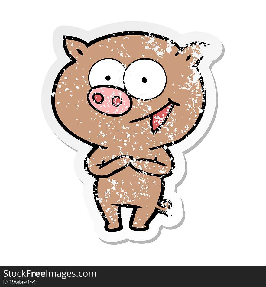 distressed sticker of a cheerful pig cartoon