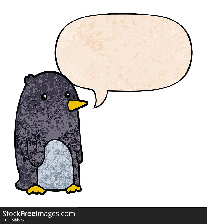 cartoon penguin and speech bubble in retro texture style