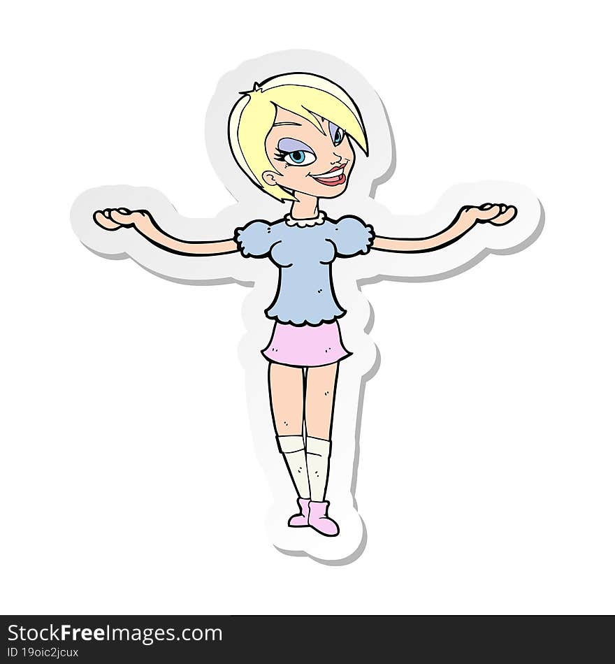 sticker of a cartoon woman making open arm gesture