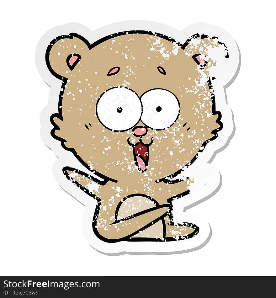 distressed sticker of a laughing teddy  bear cartoon