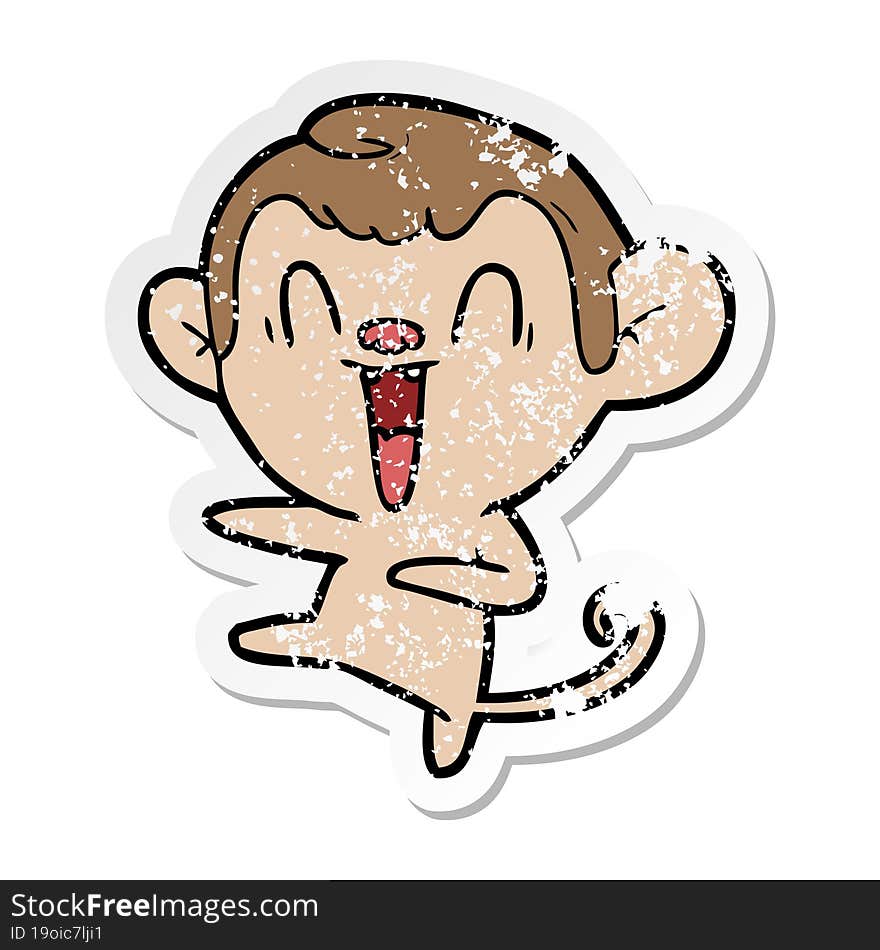 distressed sticker of a cartoon laughing monkey