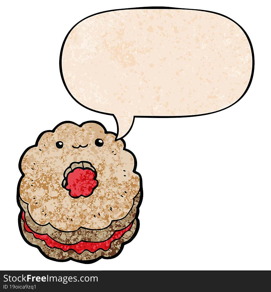 cartoon biscuit and speech bubble in retro texture style