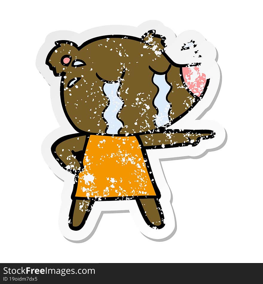 distressed sticker of a cartoon crying bear in dress pointing