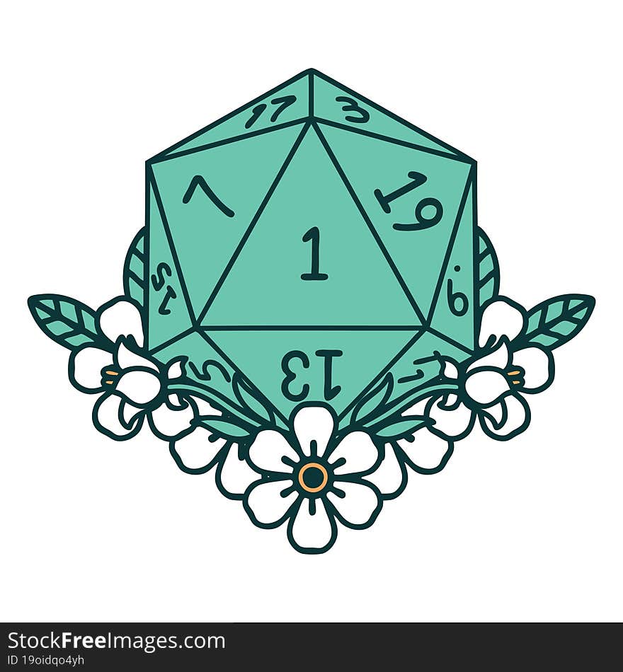 natural one dice roll with floral elements illustration