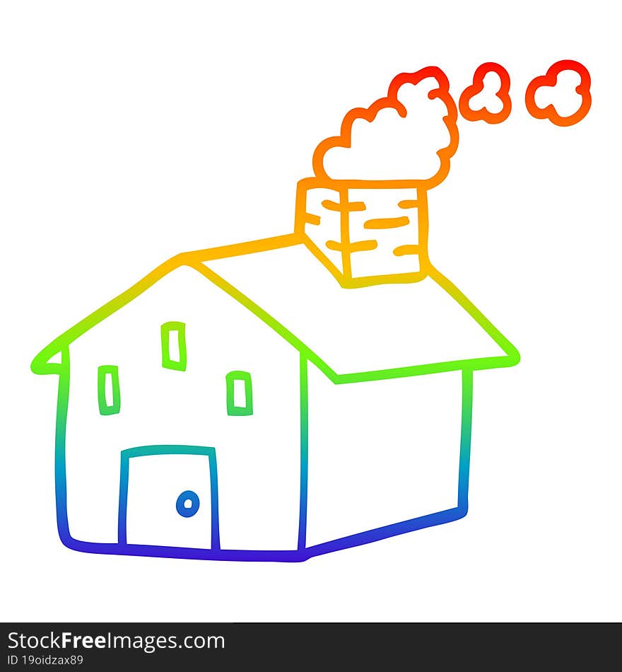 rainbow gradient line drawing cartoon house with smoking chimney