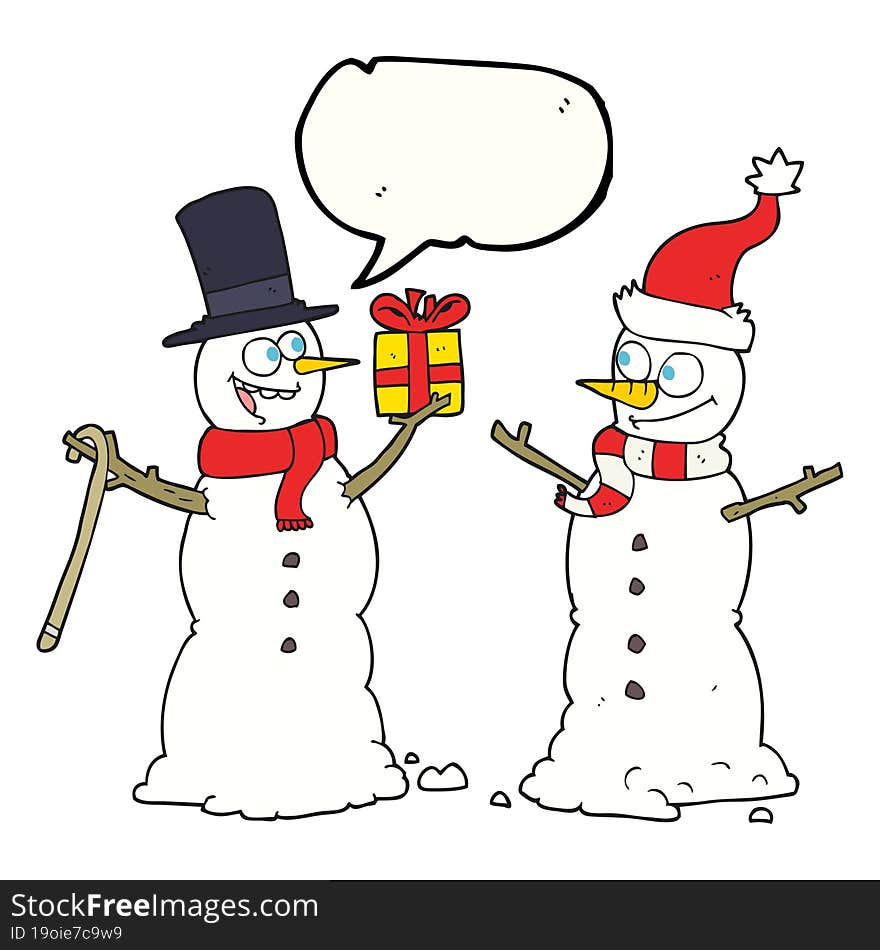 speech bubble cartoon snowmen exchanging gifts